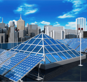 Städtische Solarpaneele auf einem Hochhausdach mit nachhaltiger Architektur und erneuerbarer Energie vor der Skyline der Stadt.
